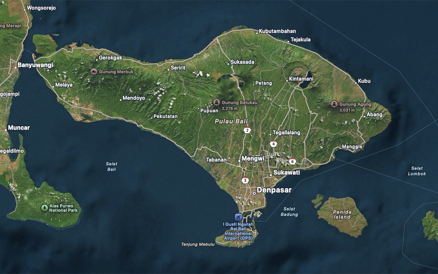 Map of Bali with landmarks