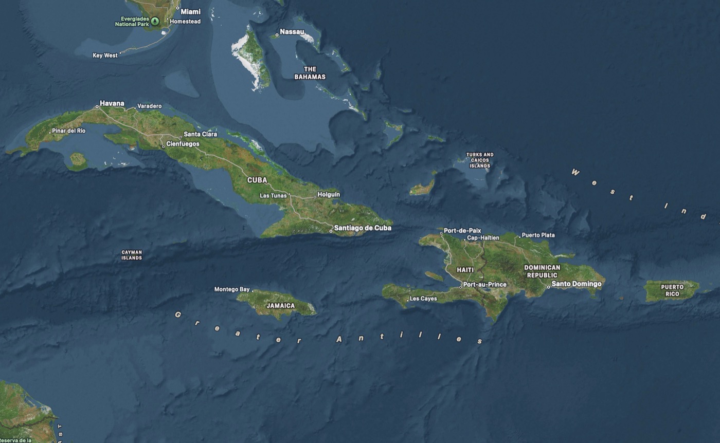 Map of the Caribbean islands with landmarks