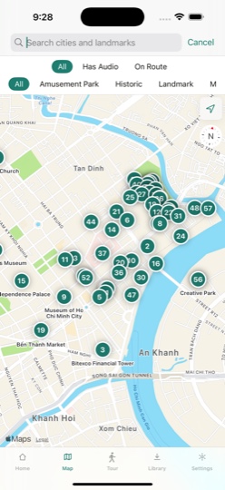 Map with landmark stops on a route