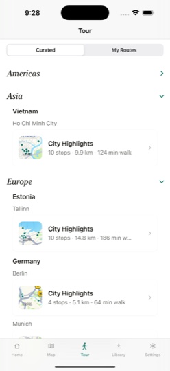 Routes and stops in the app