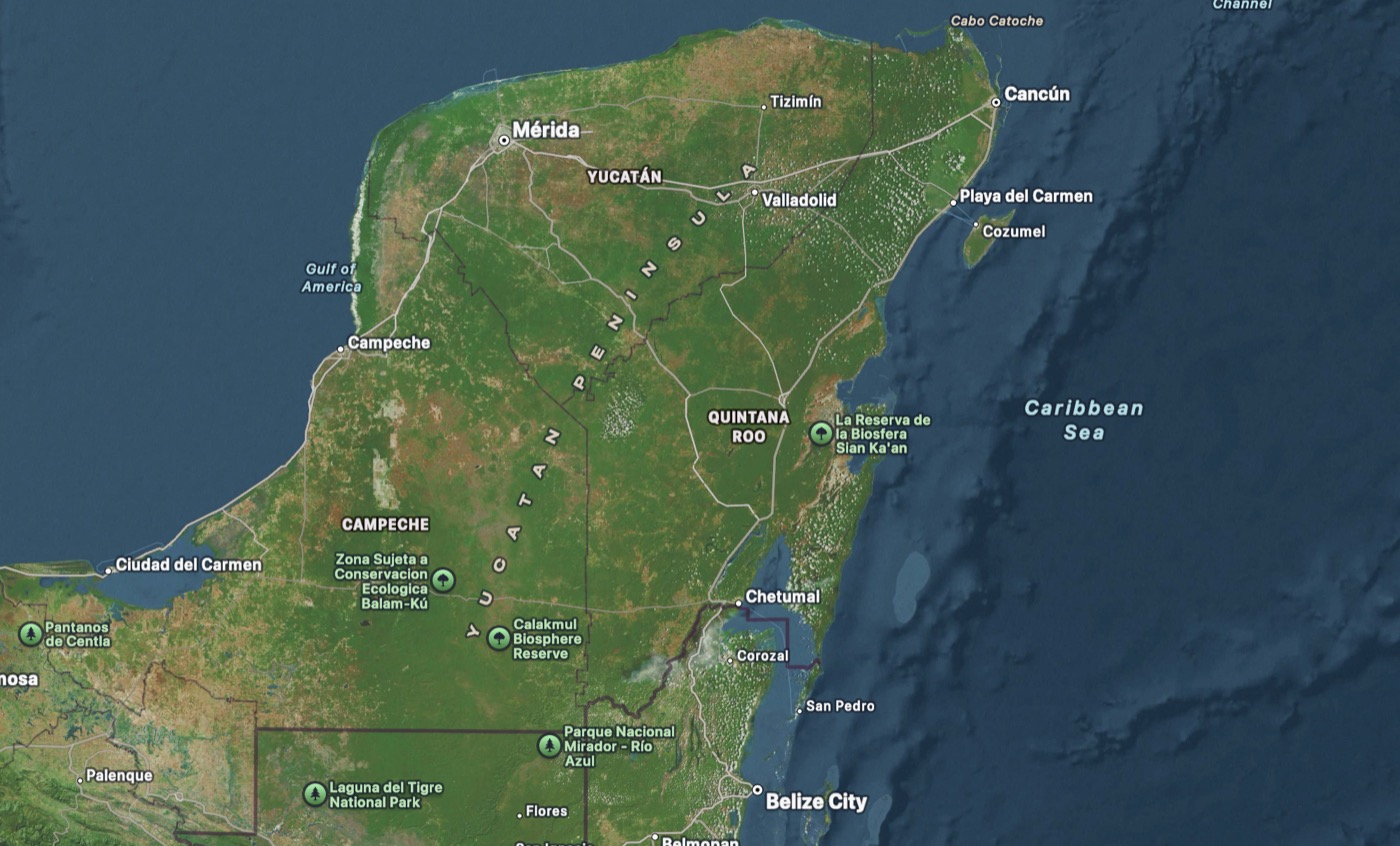Map of the Yucat&aacute;n peninsula with landmarks
